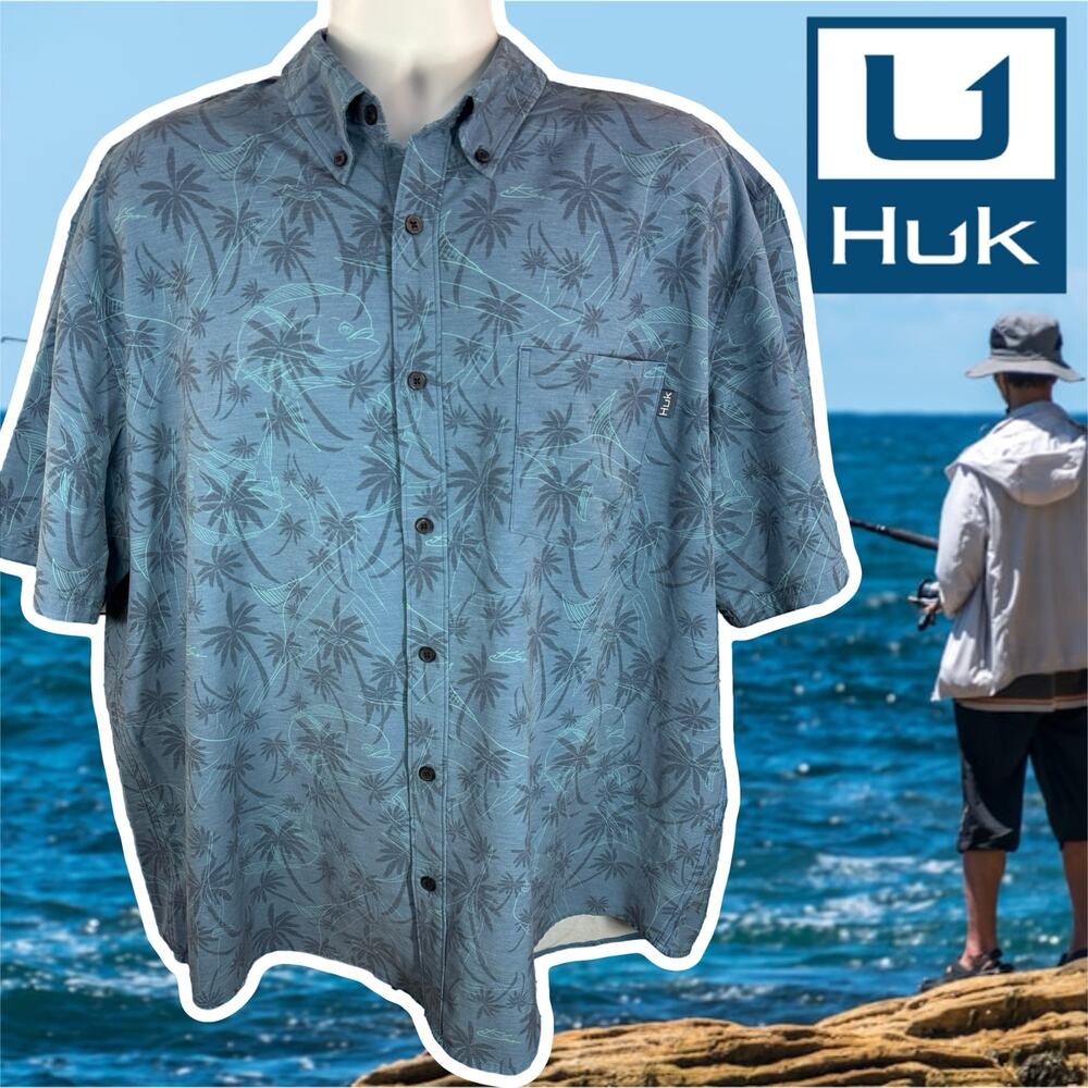 Huk Performance Fishing Blue Palm Tree Fish Print Short Sleeve Shirt 2XL